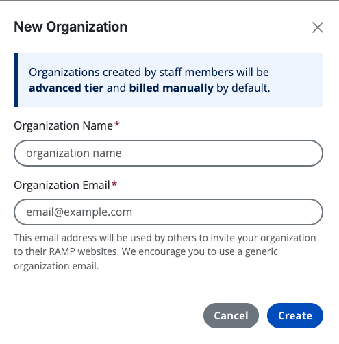 New Organization modal in RAMP